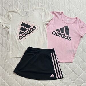 Adidas Pink and White Tees with Black Skirt